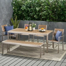 Cherie Outdoor Modern Aluminum 6 Seater Dining Set with Dining Bench