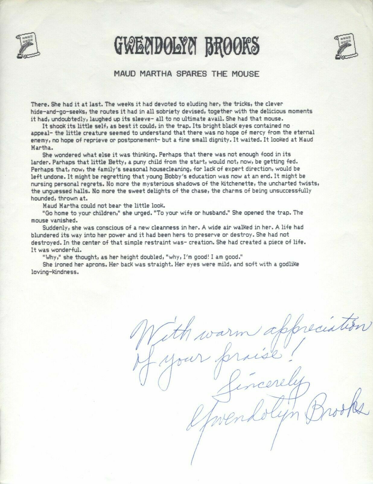 AFRICAN AMERICAN FIRST PULITZER TYPED POEM SIGNED GWENDOLYN BROOKS SCARCE