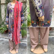 Pakistani Gray Printed Straight Shirt 3-PCS Lawn Suit w/ Threadwork ,XL 1
