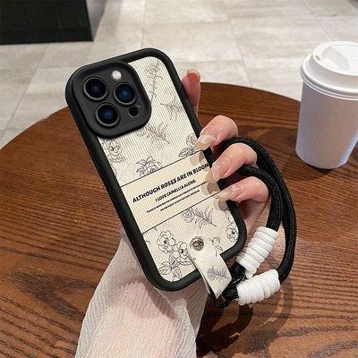 For iPhone Huawei Xiaomi OnePlus Hot Vintage Flower +Hand Strap Phone Case Cover