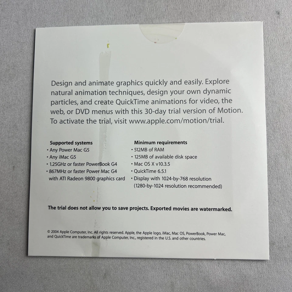 2004 Apple Macintosh Motion DVD 30 day trial disc and sleeve Version 1.0.1 - Image 2 of 2