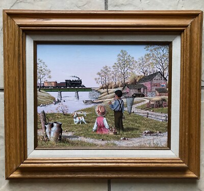 Vintage C. Carson Watching the Train Painting SERIGRAPH Pepsi Cola Art, 12x14