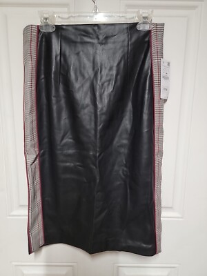 NWT  Zara Basic Collection Large Black w/ Plaid Stripe Faux Leather Pencil Skirt