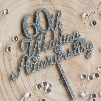 60. Hochzeitstag ACRYL Kuchen Topper. Platin Jubiläumsglitzer