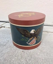 Vintage American Eagle Flag Firkin Drum Bucket Basket Lid Folk Art Painted Wood