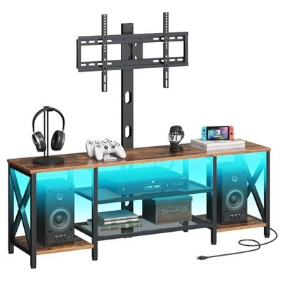  TV Stand with Mount and Power Outlet, LED Entertainment Rustic Brown+black