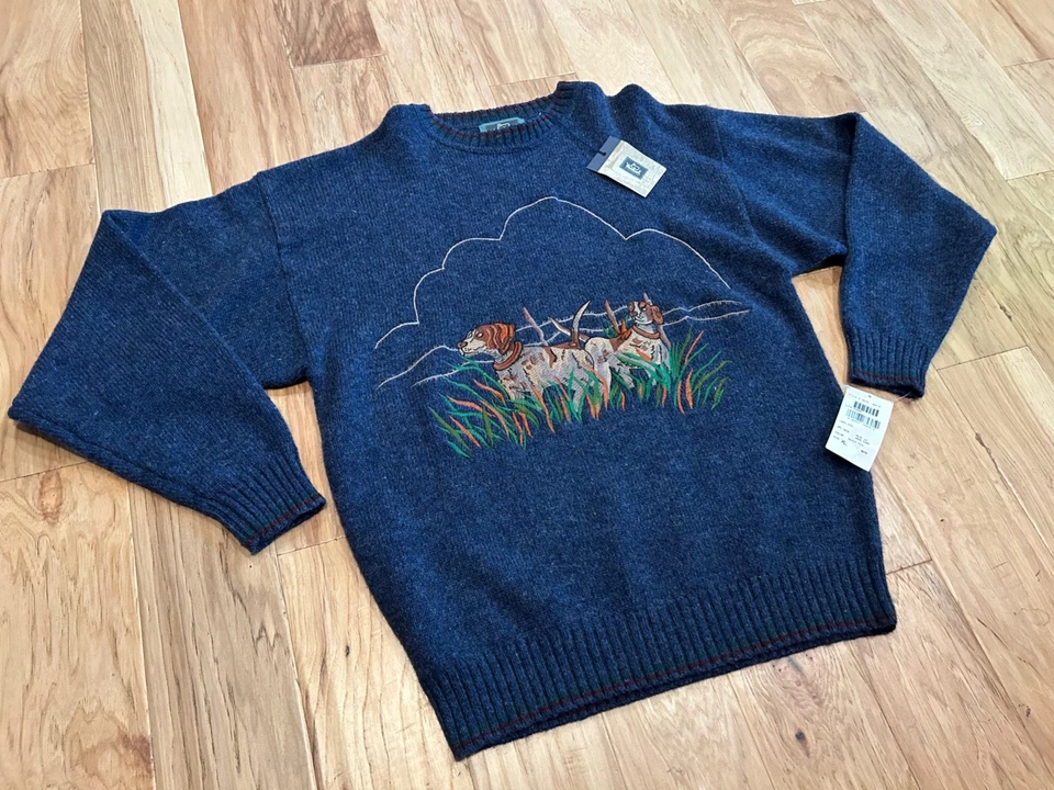 Vintage Woolrich Sweater NWT 100% Wool Blue Embroidered Hunting Dogs Mens XL - Image 2 of 4