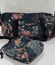 Jadyn 19" Barrel Duffel Bag Dark Green Floral Gym Weekender + Makeup Bag
