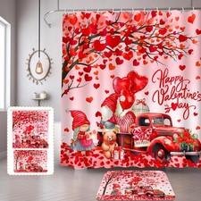 Valentines Day Bathroom Set Red Shower Curtain 12 Hooks AntiSlip 72x72 Inch