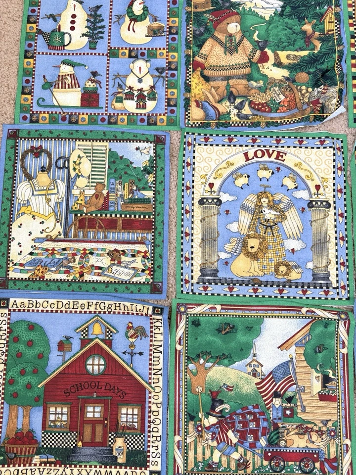 "Calendario de vacaciones vintage Debbie Mumm bloque de edredón cuadrados de algodón 16 cuadrados 8,5""" Foto 3 de 4