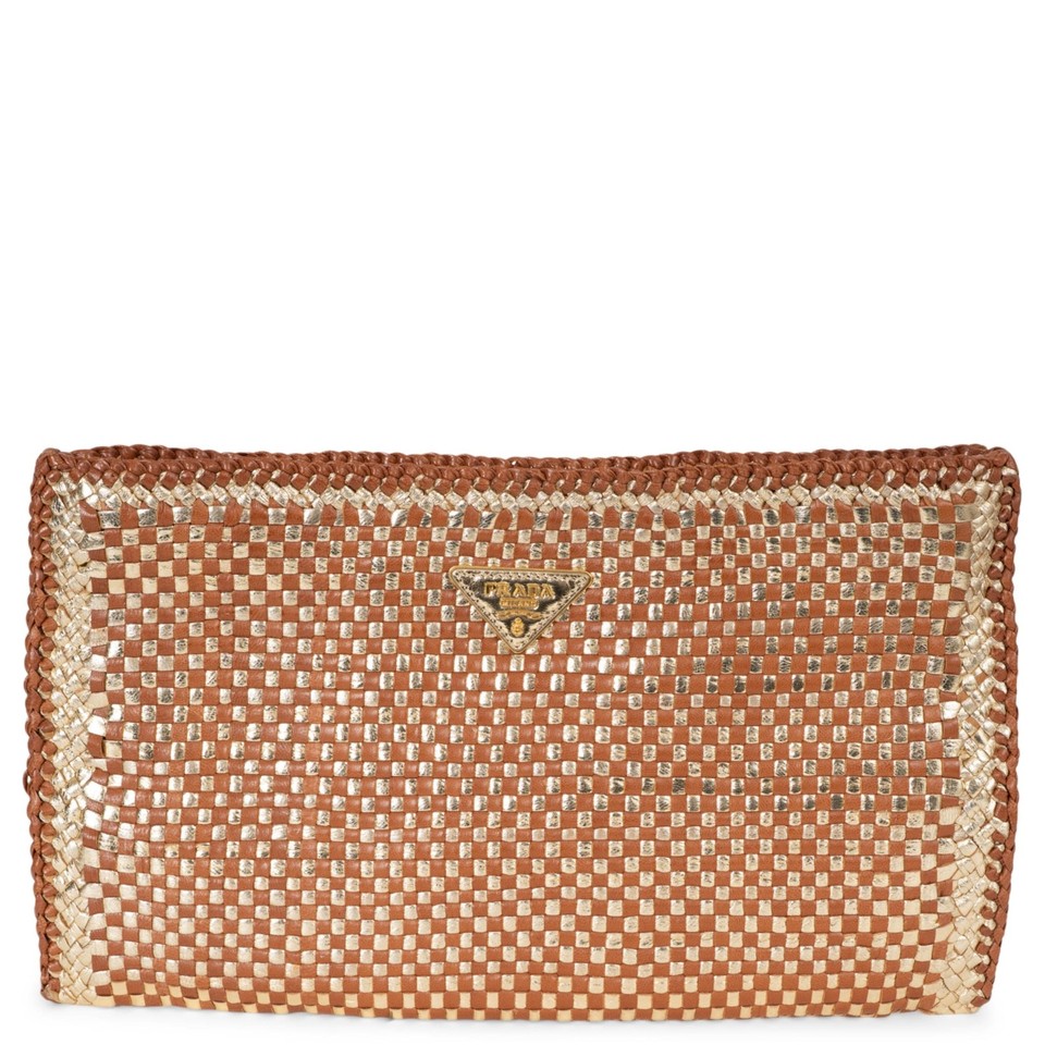 73480 auth PRADA cognac & gold leather 2011 MADRAS WOVEN Clutch Bag