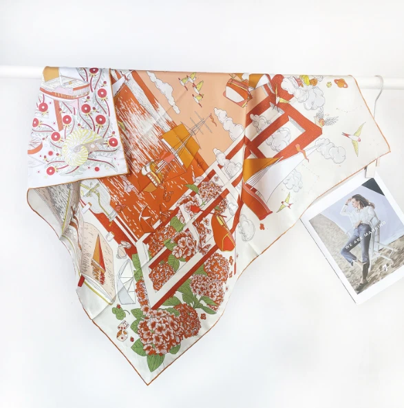 14 Momme Twill Silk Scarf framework Print Shawl 35'' kerchief Bandanna Square