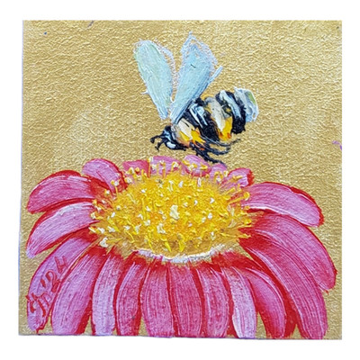 Wildflowers Daisy Honey Bee Original Oil Painting Handmade Small Wall Art 4x4