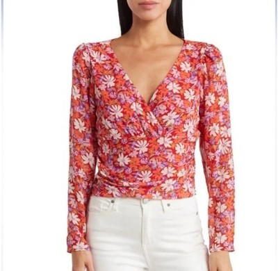NWT LUSH Twist Front Top, Floral V-Neck Women's Large Top - Red and Pink Floral