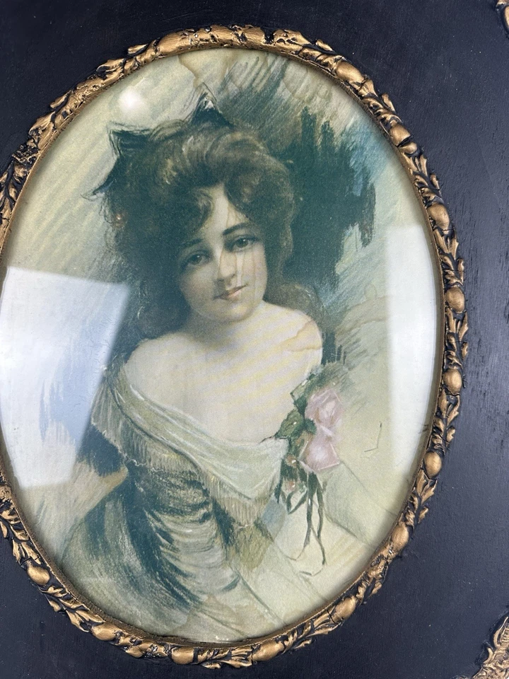 Antique Primitive Round Black And Gold Wood Frame with Portrait of Woman - Image 2 of 4