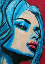 Portrait Woman Abstract Art - Oil Chalk Painting On A4 Paper 