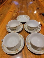 Rare Set Of 4 Antique 1940s Tea Cups  Saucers Blue with Roses  Gilding Japan