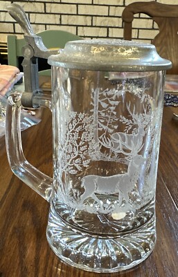 Domex Beer Stein Etched Glass W/ Deer Bucks Trees 5.75  Pewter Lid FLAW