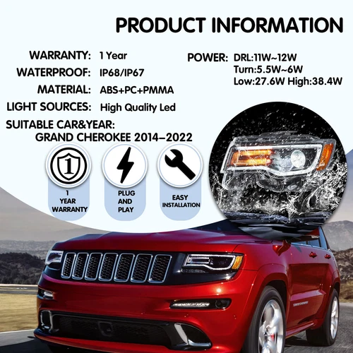 VLAND Full LED Headlights Fit 2014-22 Jeep Grand Cherokee Blue DRL Start-up Set - Picture 3 of 9