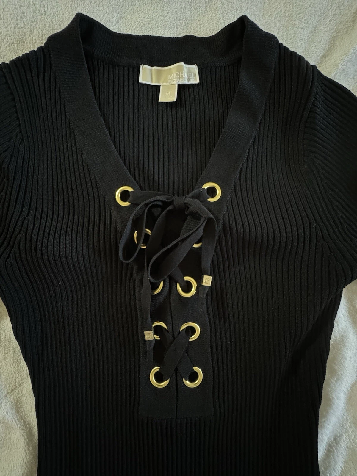 Maglione Michael Kors M elasticizzato nero cravatta stringata a costine FANTASTICO