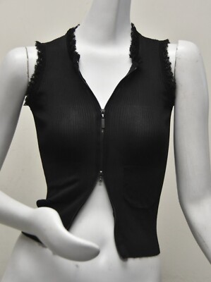 NEW Chanel Top Knit Ribbed Fitted Viscose Lace Black Zip Pocket Vest Pullover 34