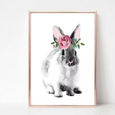 bunny rabbit Print picture UNFRAMED print wall art colour flower garland