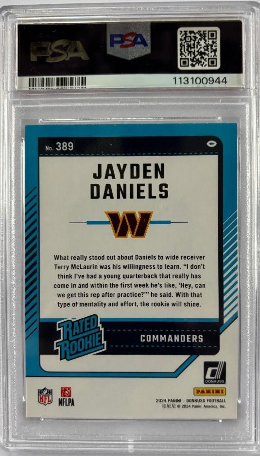 2024 PANINI DONRUSS #389 JAYDEN DANIELS ROOKIE RC PSA 10 view 2