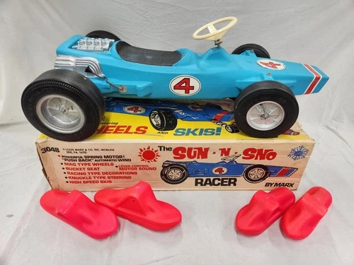 RARE Vintage MARX 3048 SUN•N•SNO RACER Ride-on Toy Race Car W/Skis Original BOX!