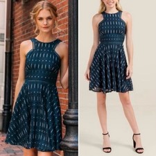 Francescas Penelope Teal Blue Lace Halter Fit & Flare Dress Silver Metallic M