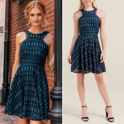 Francescas Penelope Teal Blue Lace Halter Fit & Flare Dress Silver Metallic M
