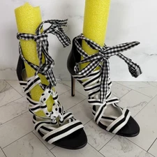 Gianni Bini Black Abrianna Gingham Lace Up Sandals 3.93” Stiletto Heels Size 10M