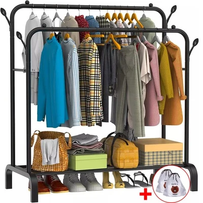 Heavy Duty Double Clothes Rail Hanging Rack Garment Display Stand Shoes Storage