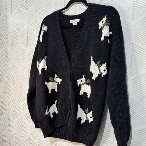 Vintage IZOD schwarz mit weiß Scotty Dog Strickjacke Pullover Gr. M 100% Baumwolle Winter - Bild 2 von 7