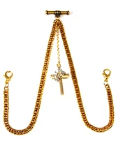 Double Albert Pocket Watch Chain 18K Gold Plated "T" Bar Lobster Claws & Charm
