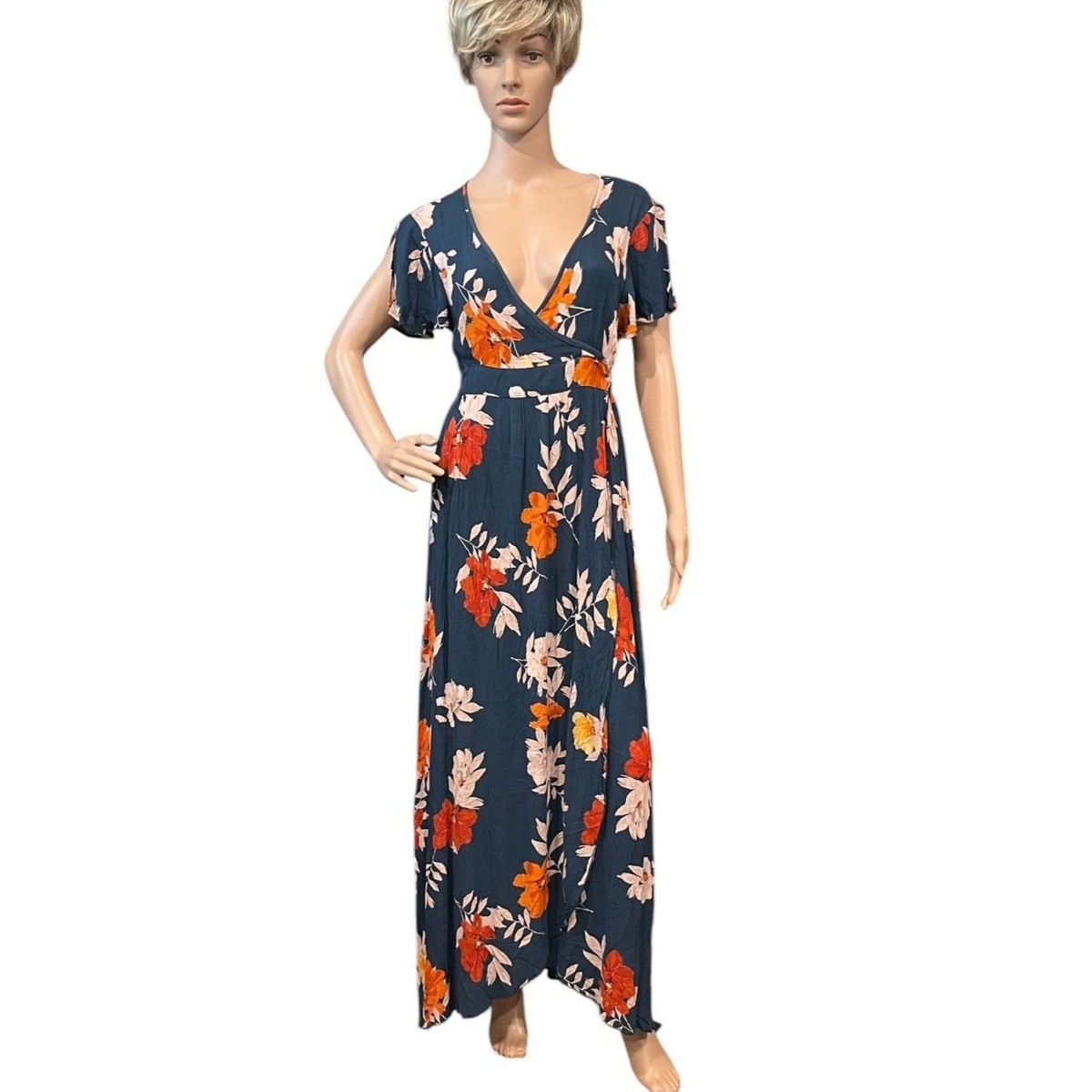 PATRONS OF PEACE Green Floral Maxi Dress Split Flutter Sleeves Sz M | eBay