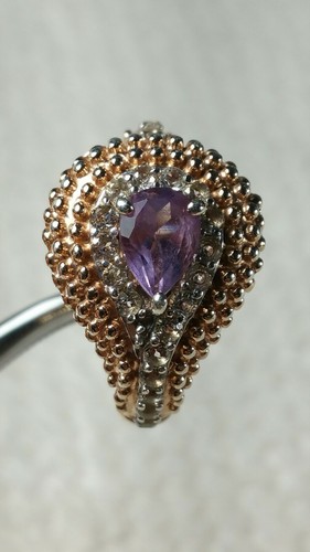 sz 7+ DESIGNER GC 925 PURPLE AMETHYST CLEAR CZ 14KGP STERLING SILVER RING 5g - Picture 9 of 9