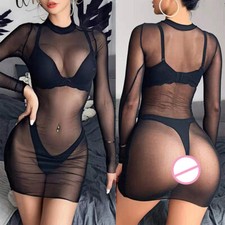 Womens Sexy Solid Color Long Sleeve See Through Sheer Nightwear Bodycon Dress *