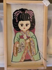 Vintage Needlepoint Japanese Geisha Girl Handpainted Canvas RARE Partial Stitch