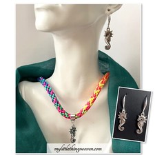 Seahorse Multicoloured Silk Pride Necklace & Pendant + Earrings Real Silver Set