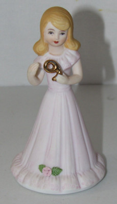 ENESCO 1981 GROWING UP BIRTHDAY GIRL BLONDE IN LAVENDER DRESS  AGE 9  FIGURINE