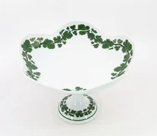 Meissen Germany Full Green Vine Ivy Footed Pedestal Candy Dish 5.5" tall 8" Diam
