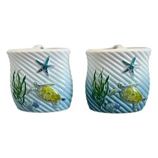 Pair of Ceramic Seascape Toothbrush/Makeup Brush Holders Nautical Beach Coastal