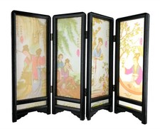 Chinese Four Beauties Silk Wood Miniature Tabletop Folding Screen 4 Panel 11x17"