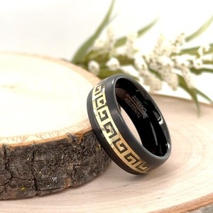 Gold Greek Key Inlay Christmas Band for Women 8mm Black Tungsten Proposal Band