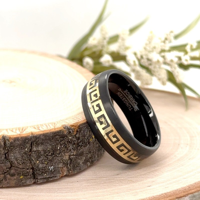 Gold Greek Key Inlay Christmas Band for Women 8mm Black Tungsten Proposal Band
