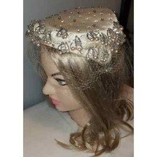 Vtg 50s White Satin Half Hat Bead Pearl Rhinest Veil Mid Century Wedding Bridal