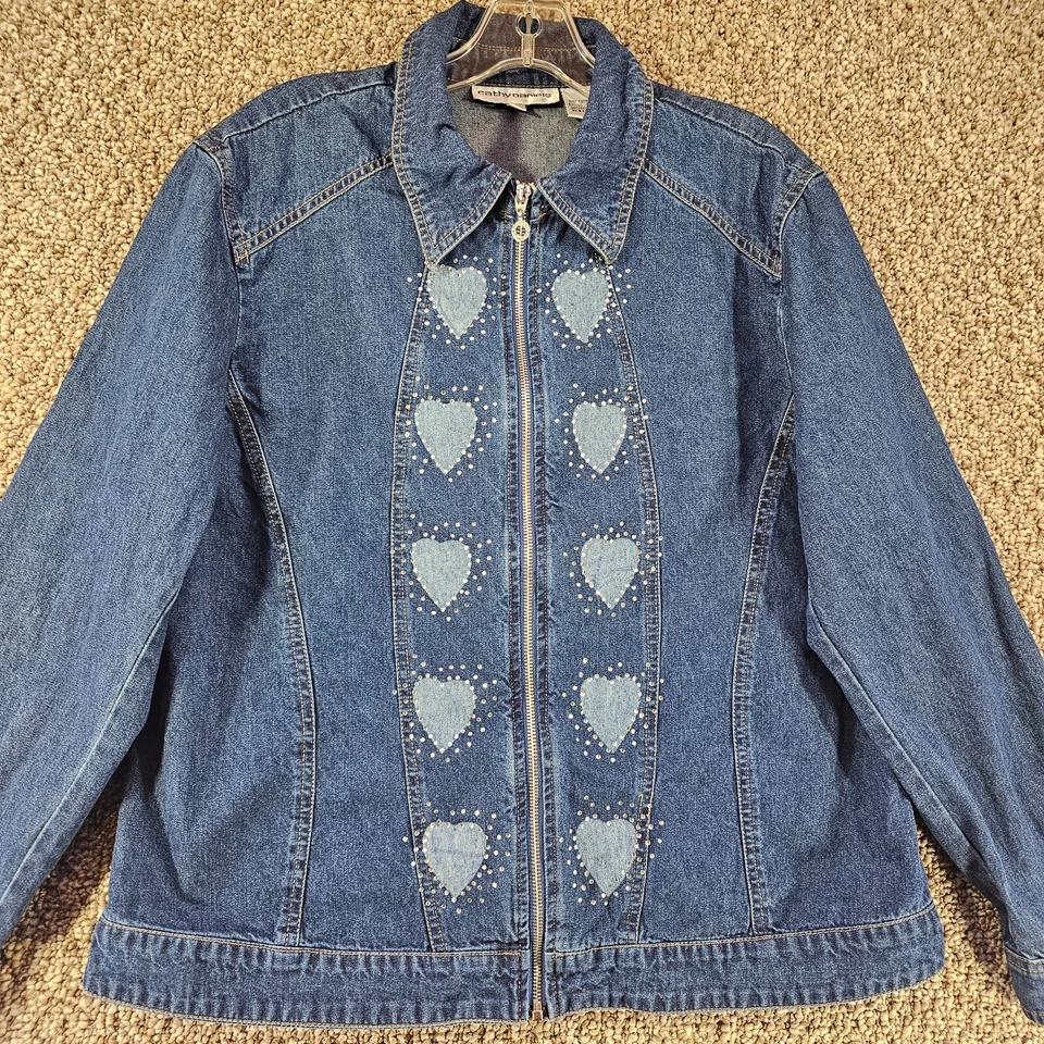 Cathy Daniels Denim Jacket Womens Large Full Zip Hearts Rhinestones - Image 2 of 4