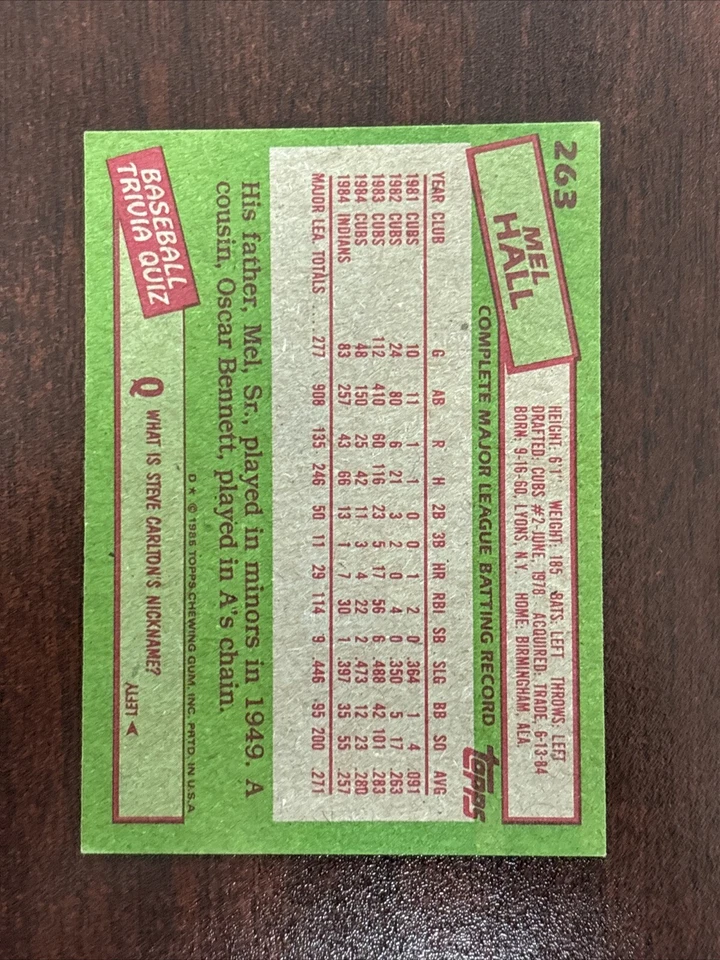 MEL HALL 1985 Topps Signed Autograph RC Card #263 Cleveland Indians AUTO - Image 2 of 2