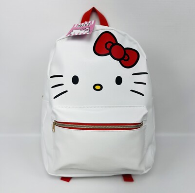 Hello Kitty Backpack 16 White Leather Big Face Gold Zip | eBay