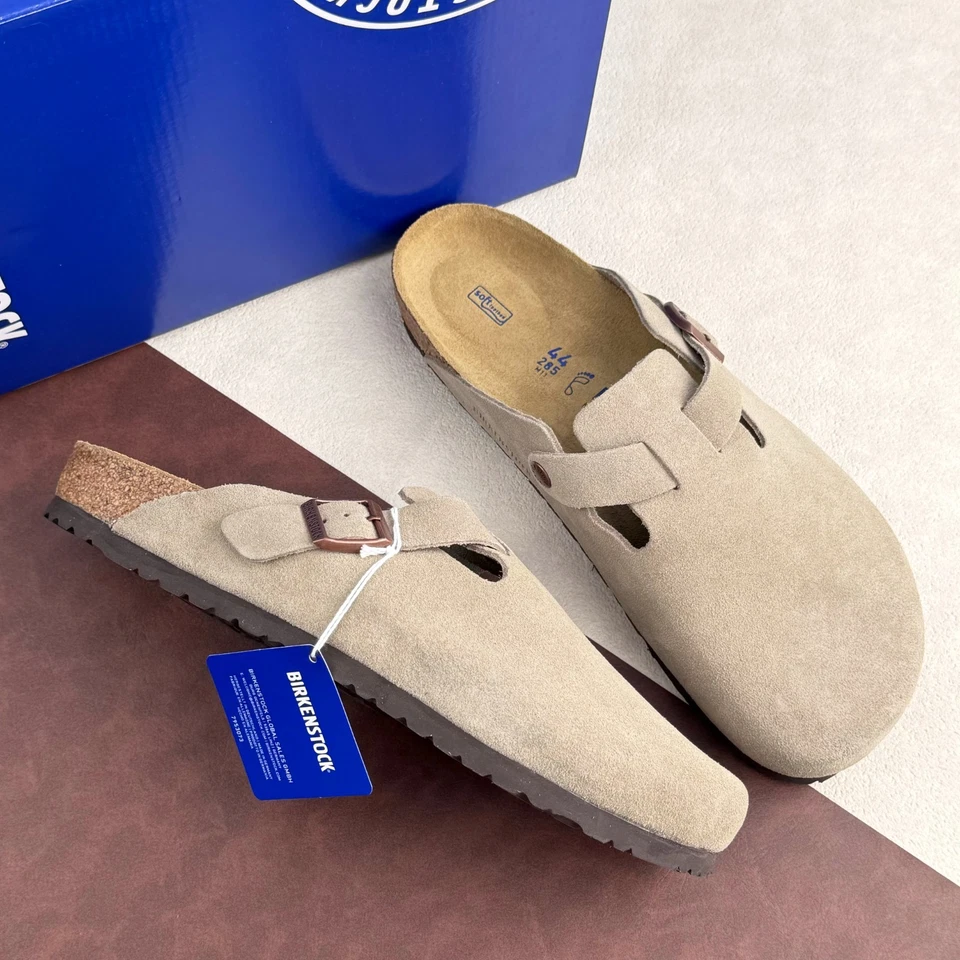 Birkenstock Para Hombre Boston Clásico Taupe Gamuza Cuero Suave Zueco Zapatos Anchos Foto 2 de 4